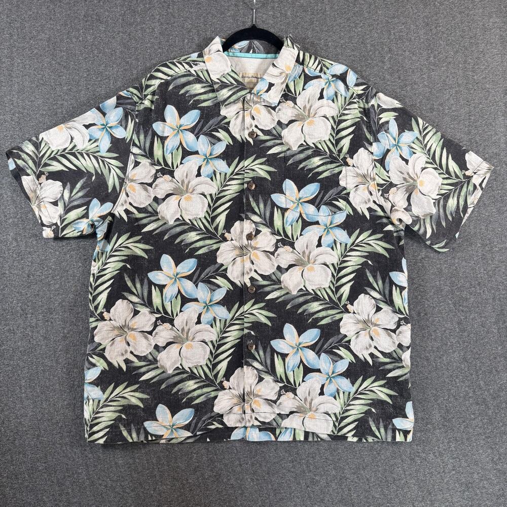 Tommy Bahama Shirt Mens XL Black Linen Hawaiian Aloha Floral Original Fit Camp